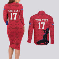 Custom Haiti Football Couples Matching Long Sleeve Bodycon Dress and Long Sleeve Button Shirt Come on Les Grenadiers Red Style