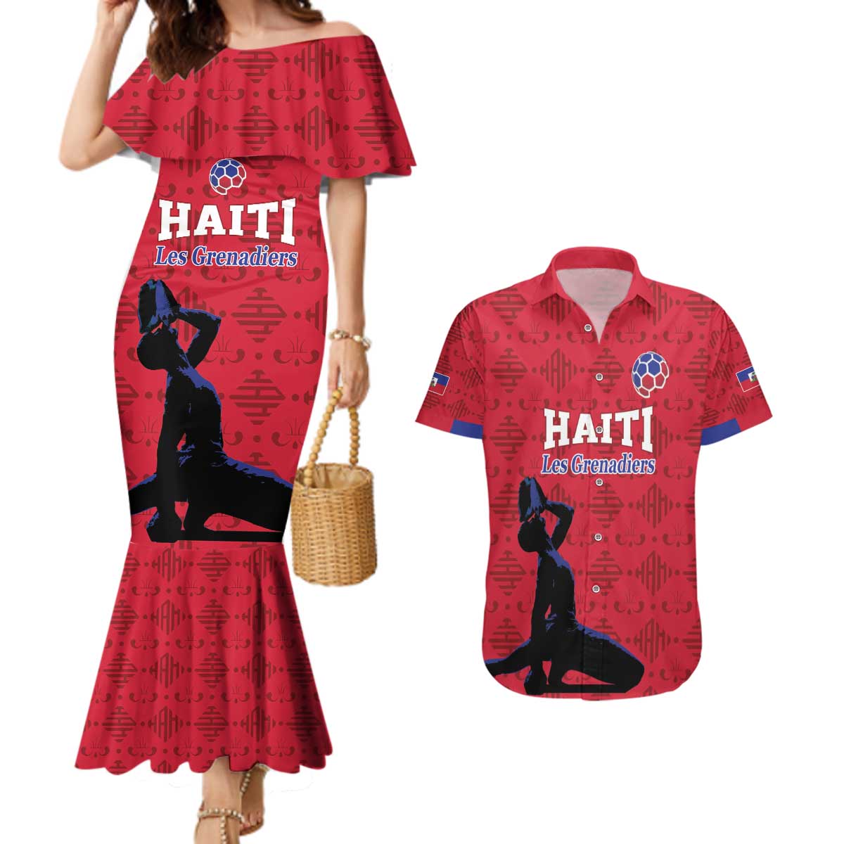 Custom Haiti Football Couples Matching Mermaid Dress and Hawaiian Shirt Come on Les Grenadiers Red Style