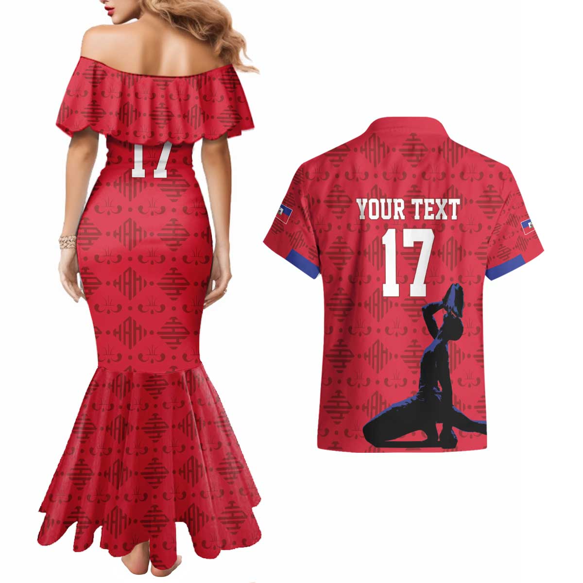 Custom Haiti Football Couples Matching Mermaid Dress and Hawaiian Shirt Come on Les Grenadiers Red Style