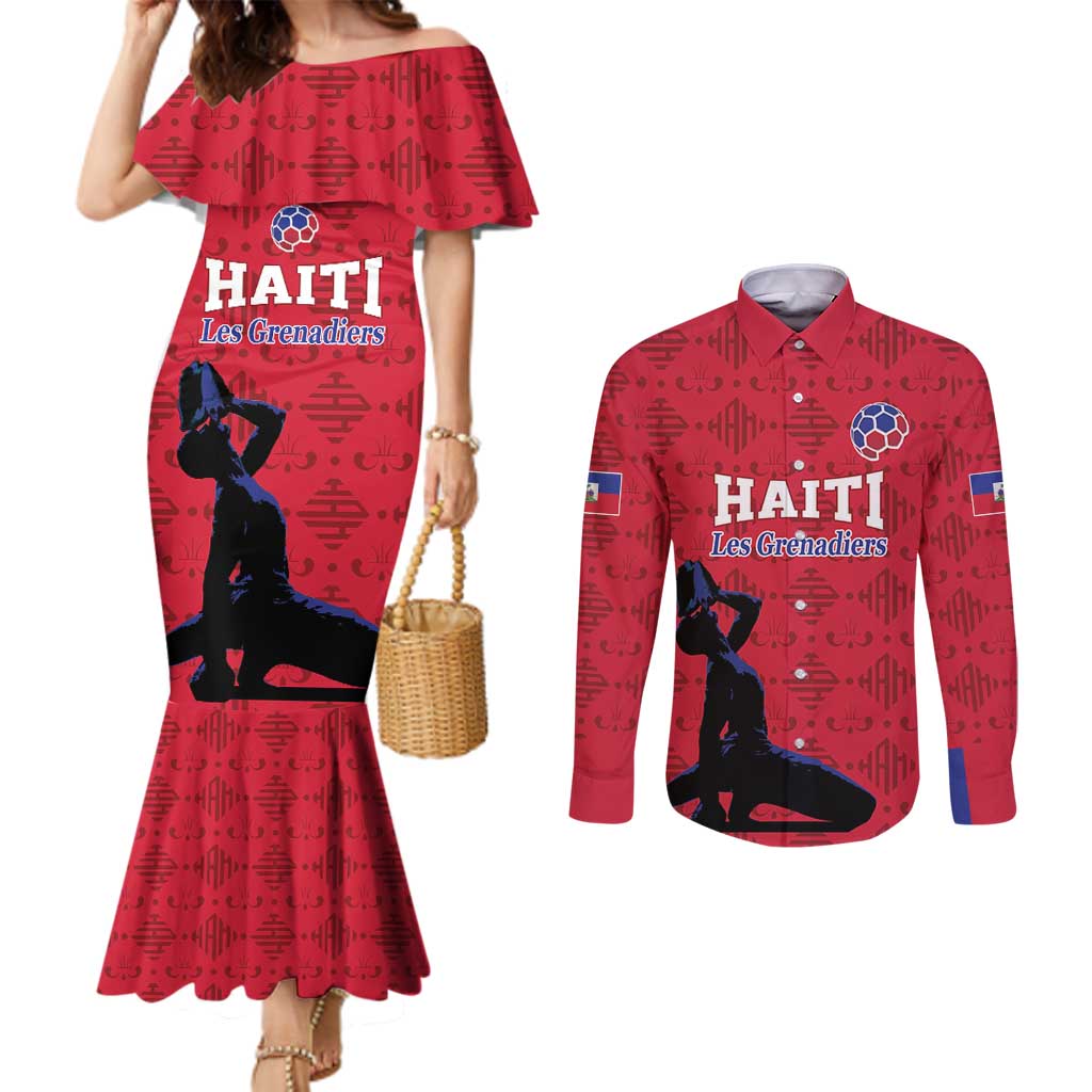 Custom Haiti Football Couples Matching Mermaid Dress and Long Sleeve Button Shirt Come on Les Grenadiers Red Style