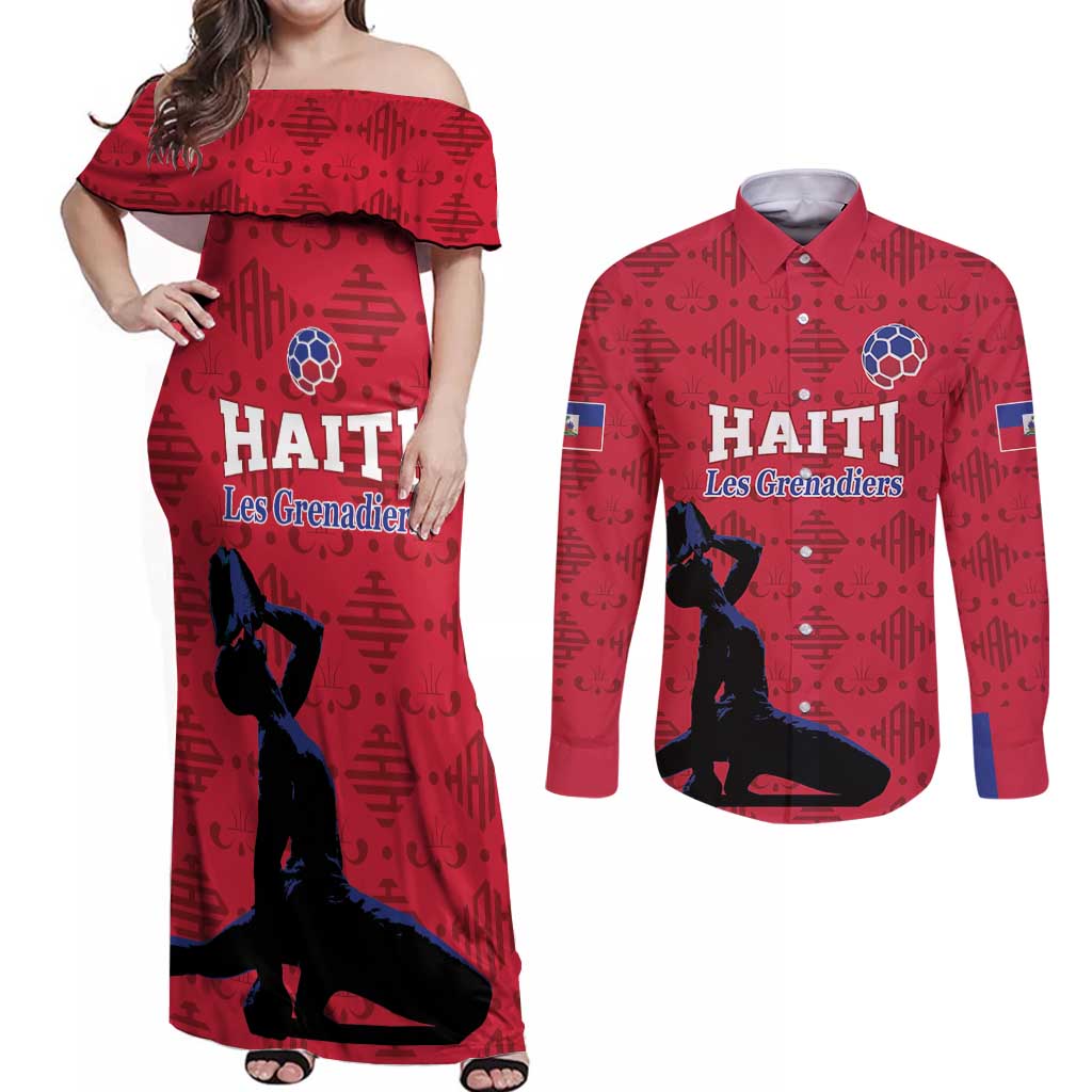 Custom Haiti Football Couples Matching Off Shoulder Maxi Dress and Long Sleeve Button Shirt Come on Les Grenadiers Red Style