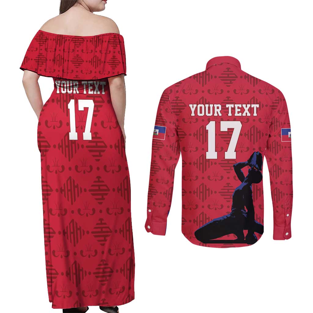 Custom Haiti Football Couples Matching Off Shoulder Maxi Dress and Long Sleeve Button Shirt Come on Les Grenadiers Red Style