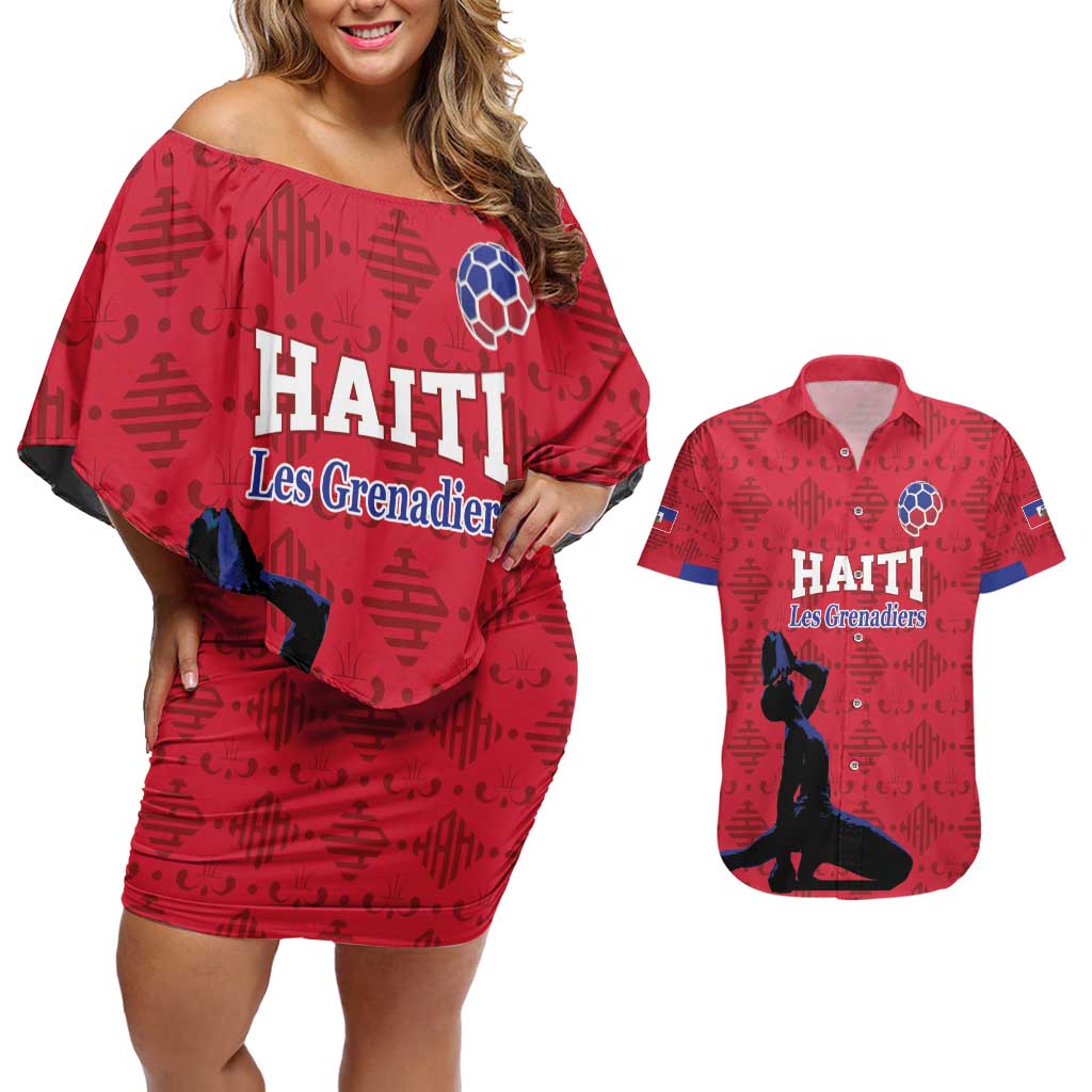 Custom Haiti Football Couples Matching Off Shoulder Short Dress and Hawaiian Shirt Come on Les Grenadiers Red Style