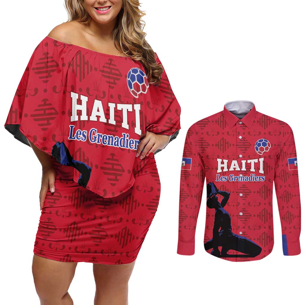 Custom Haiti Football Couples Matching Off Shoulder Short Dress and Long Sleeve Button Shirt Come on Les Grenadiers Red Style