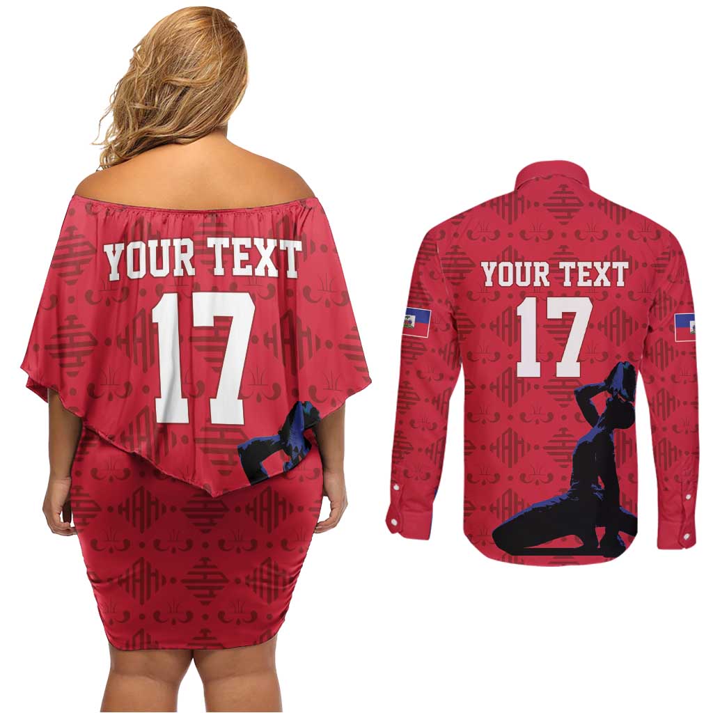 Custom Haiti Football Couples Matching Off Shoulder Short Dress and Long Sleeve Button Shirt Come on Les Grenadiers Red Style