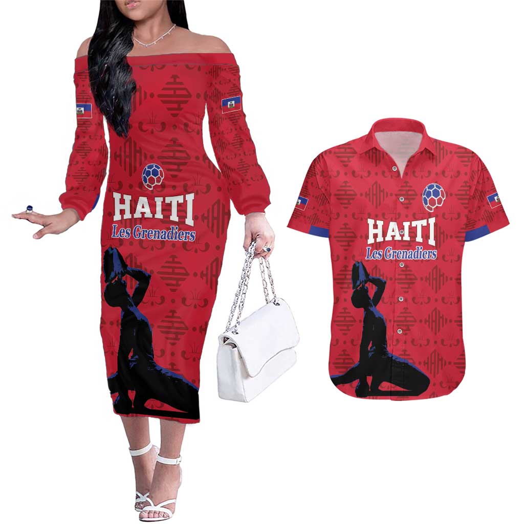 Custom Haiti Football Couples Matching Off The Shoulder Long Sleeve Dress and Hawaiian Shirt Come on Les Grenadiers Red Style