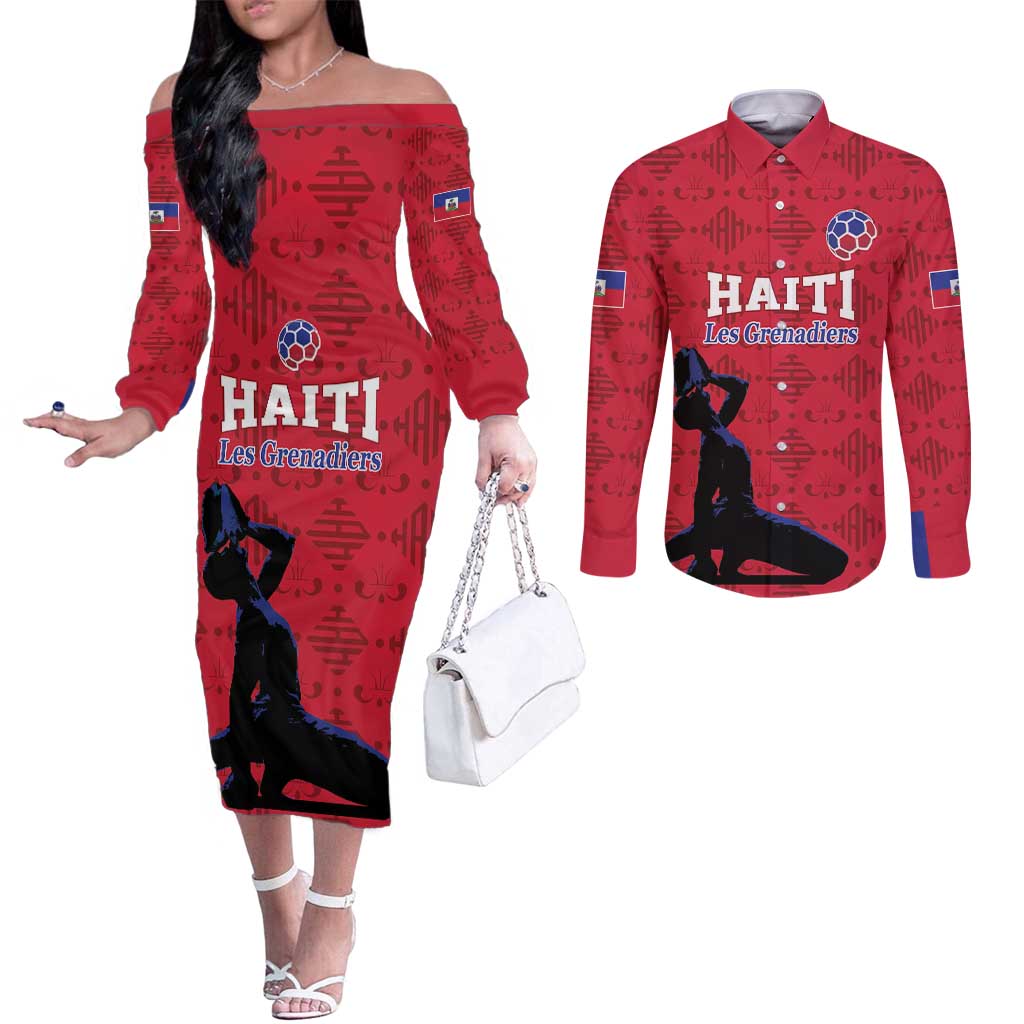 Custom Haiti Football Couples Matching Off The Shoulder Long Sleeve Dress and Long Sleeve Button Shirt Come on Les Grenadiers Red Style