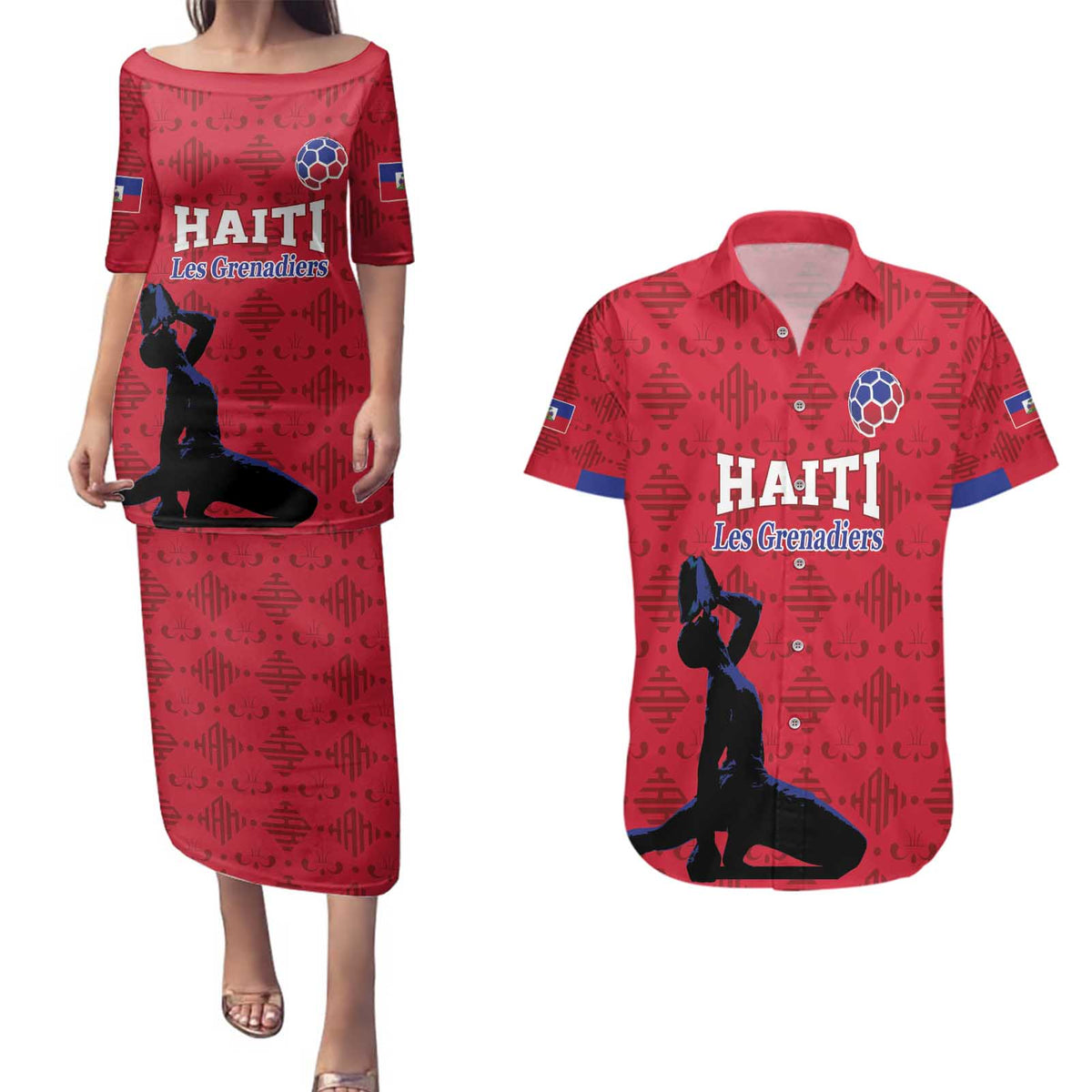 Custom Haiti Football Couples Matching Puletasi and Hawaiian Shirt Come on Les Grenadiers Red Style