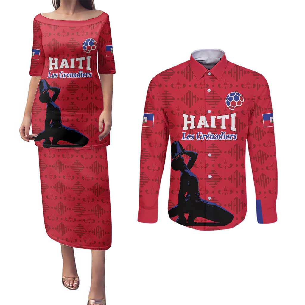 Custom Haiti Football Couples Matching Puletasi and Long Sleeve Button Shirt Come on Les Grenadiers Red Style