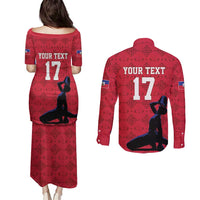 Custom Haiti Football Couples Matching Puletasi and Long Sleeve Button Shirt Come on Les Grenadiers Red Style