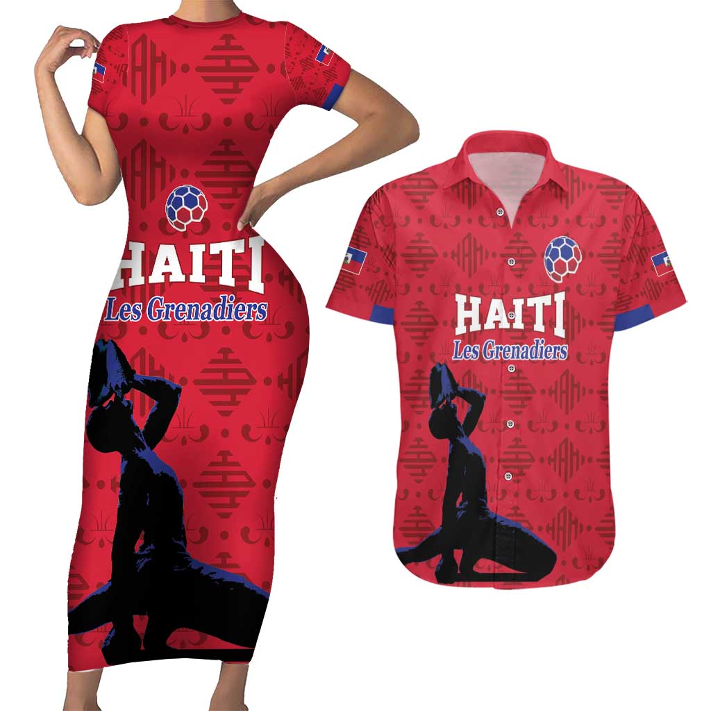 Custom Haiti Football Couples Matching Short Sleeve Bodycon Dress and Hawaiian Shirt Come on Les Grenadiers Red Style