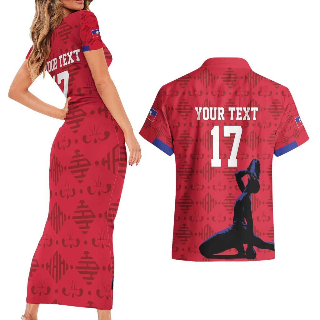 Custom Haiti Football Couples Matching Short Sleeve Bodycon Dress and Hawaiian Shirt Come on Les Grenadiers Red Style