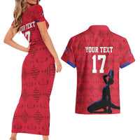 Custom Haiti Football Couples Matching Short Sleeve Bodycon Dress and Hawaiian Shirt Come on Les Grenadiers Red Style