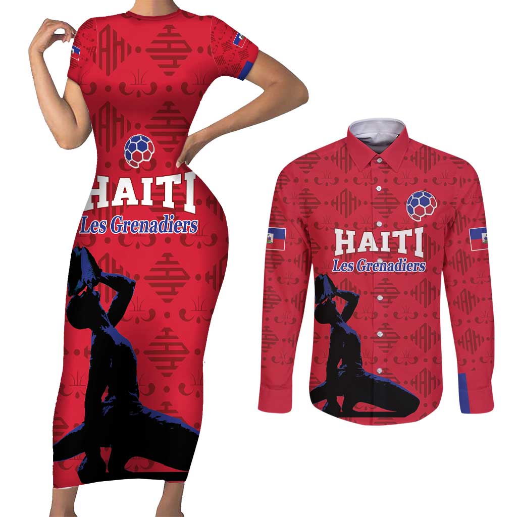 Custom Haiti Football Couples Matching Short Sleeve Bodycon Dress and Long Sleeve Button Shirt Come on Les Grenadiers Red Style