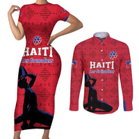 Custom Haiti Football Couples Matching Short Sleeve Bodycon Dress and Long Sleeve Button Shirt Come on Les Grenadiers Red Style