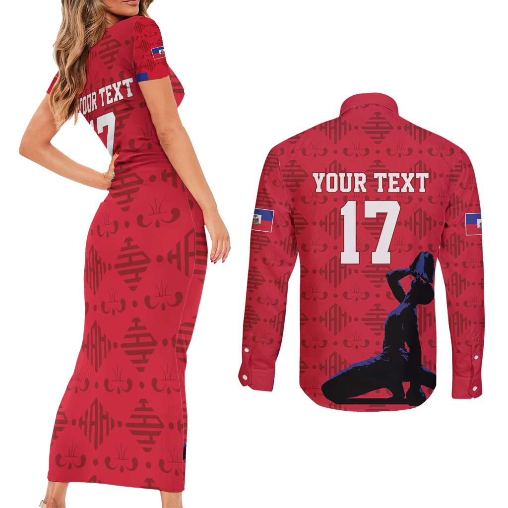 Custom Haiti Football Couples Matching Short Sleeve Bodycon Dress and Long Sleeve Button Shirt Come on Les Grenadiers Red Style