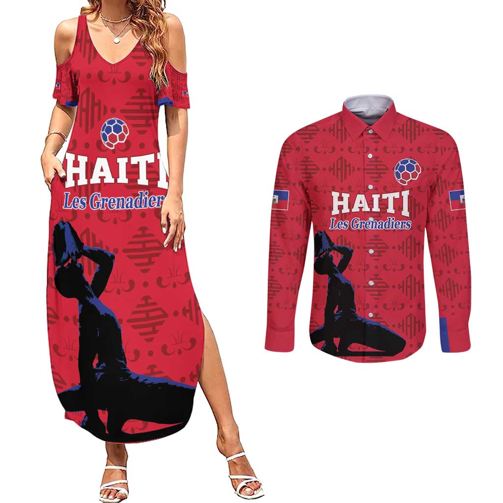 Custom Haiti Football Couples Matching Summer Maxi Dress and Long Sleeve Button Shirt Come on Les Grenadiers Red Style