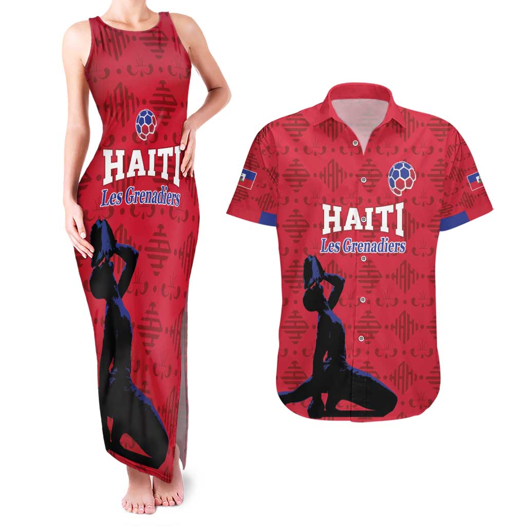 Custom Haiti Football Couples Matching Tank Maxi Dress and Hawaiian Shirt Come on Les Grenadiers Red Style