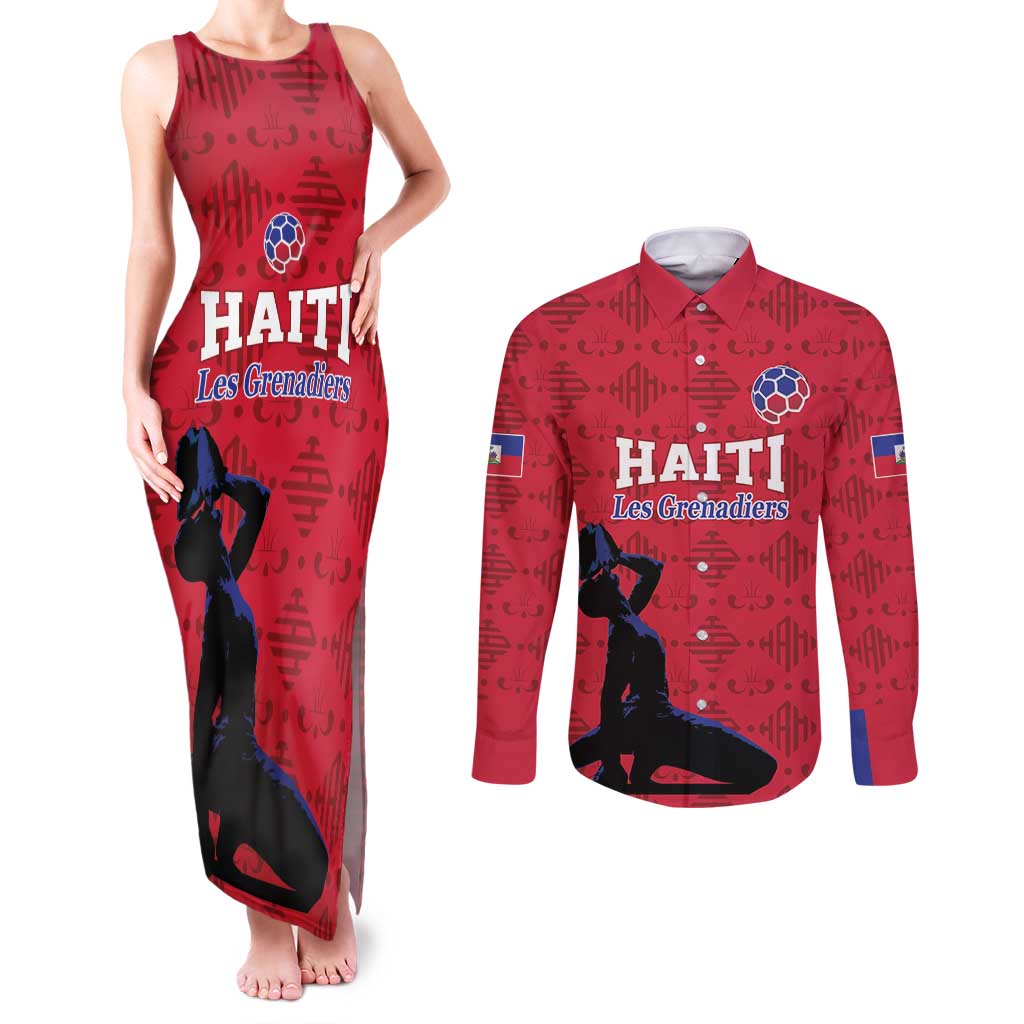 Custom Haiti Football Couples Matching Tank Maxi Dress and Long Sleeve Button Shirt Come on Les Grenadiers Red Style