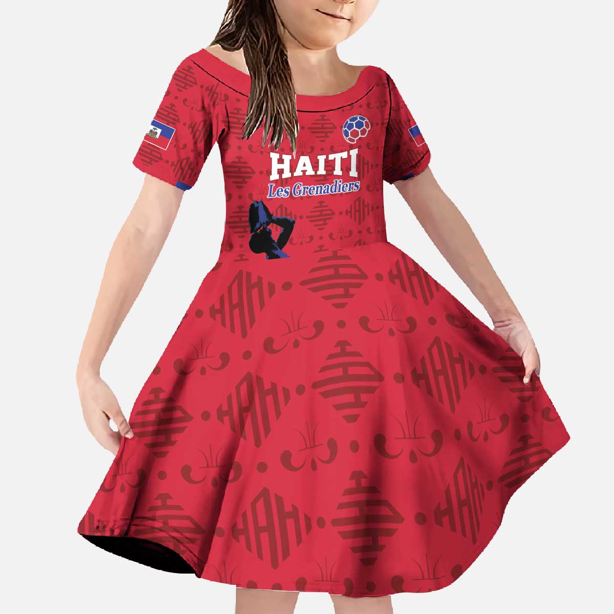 Custom Haiti Football Family Matching Off The Shoulder Long Sleeve Dress and Hawaiian Shirt Come on Les Grenadiers Red Style