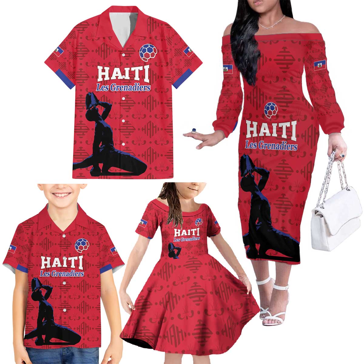 Custom Haiti Football Family Matching Off The Shoulder Long Sleeve Dress and Hawaiian Shirt Come on Les Grenadiers Red Style