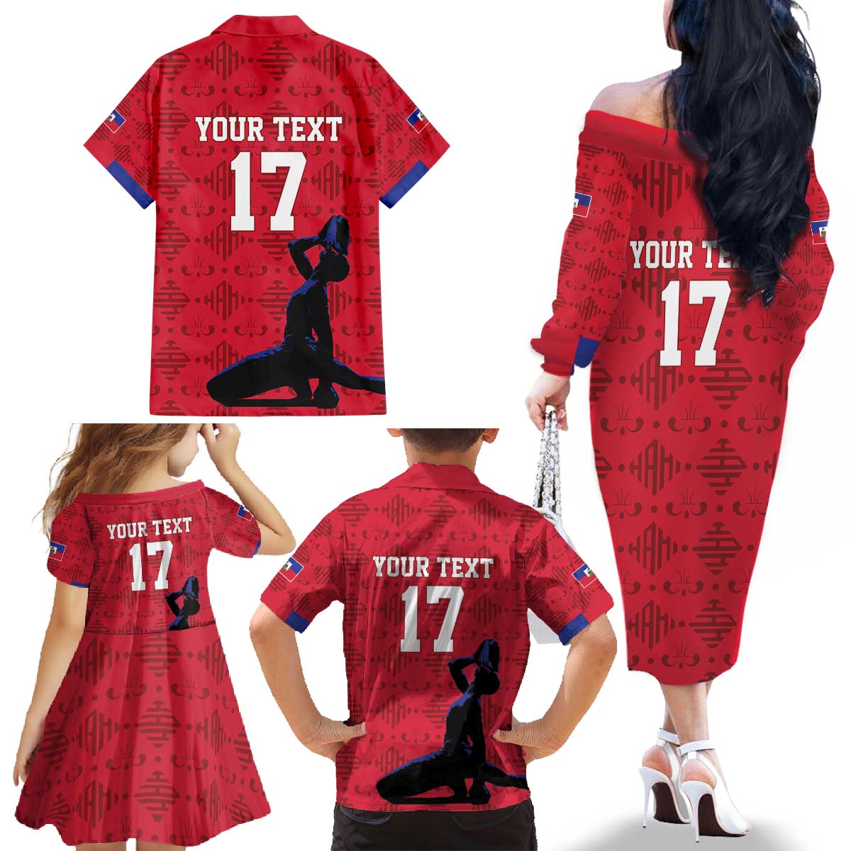Custom Haiti Football Family Matching Off The Shoulder Long Sleeve Dress and Hawaiian Shirt Come on Les Grenadiers Red Style