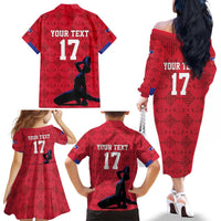 Custom Haiti Football Family Matching Off The Shoulder Long Sleeve Dress and Hawaiian Shirt Come on Les Grenadiers Red Style