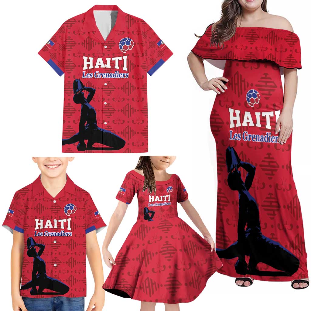 Custom Haiti Football Family Matching Off Shoulder Maxi Dress and Hawaiian Shirt Come on Les Grenadiers Red Style