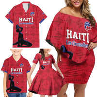 Custom Haiti Football Family Matching Off Shoulder Short Dress and Hawaiian Shirt Come on Les Grenadiers Red Style