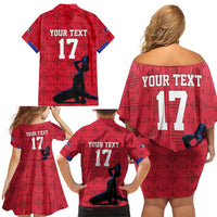 Custom Haiti Football Family Matching Off Shoulder Short Dress and Hawaiian Shirt Come on Les Grenadiers Red Style