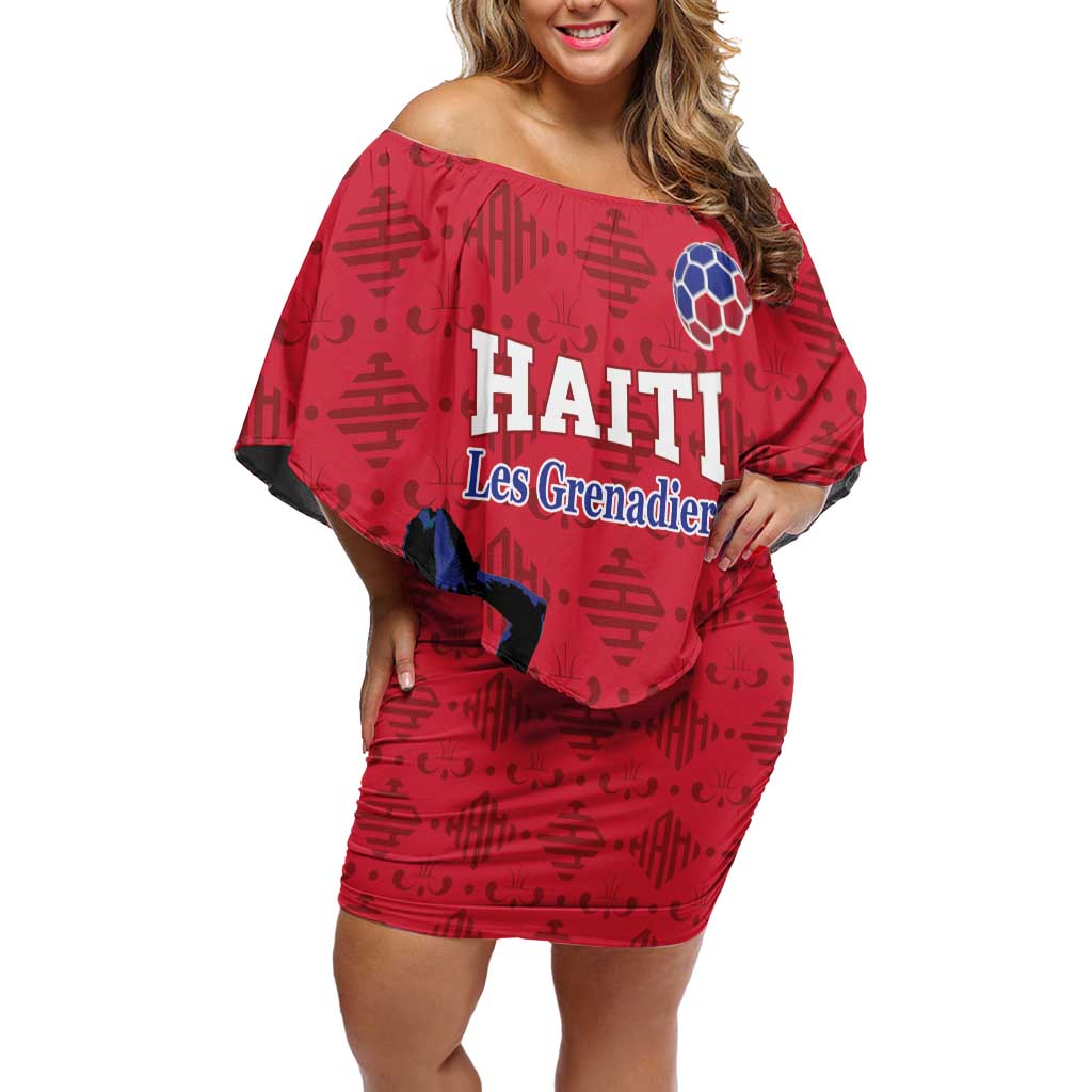 Custom Haiti Football Family Matching Off Shoulder Short Dress and Hawaiian Shirt Come on Les Grenadiers Red Style