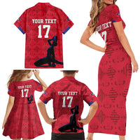 Custom Haiti Football Family Matching Short Sleeve Bodycon Dress and Hawaiian Shirt Come on Les Grenadiers Red Style