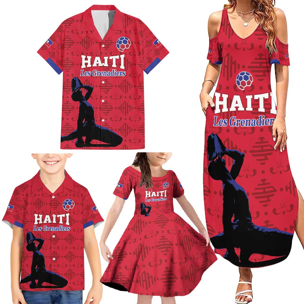 Custom Haiti Football Family Matching Summer Maxi Dress and Hawaiian Shirt Come on Les Grenadiers Red Style