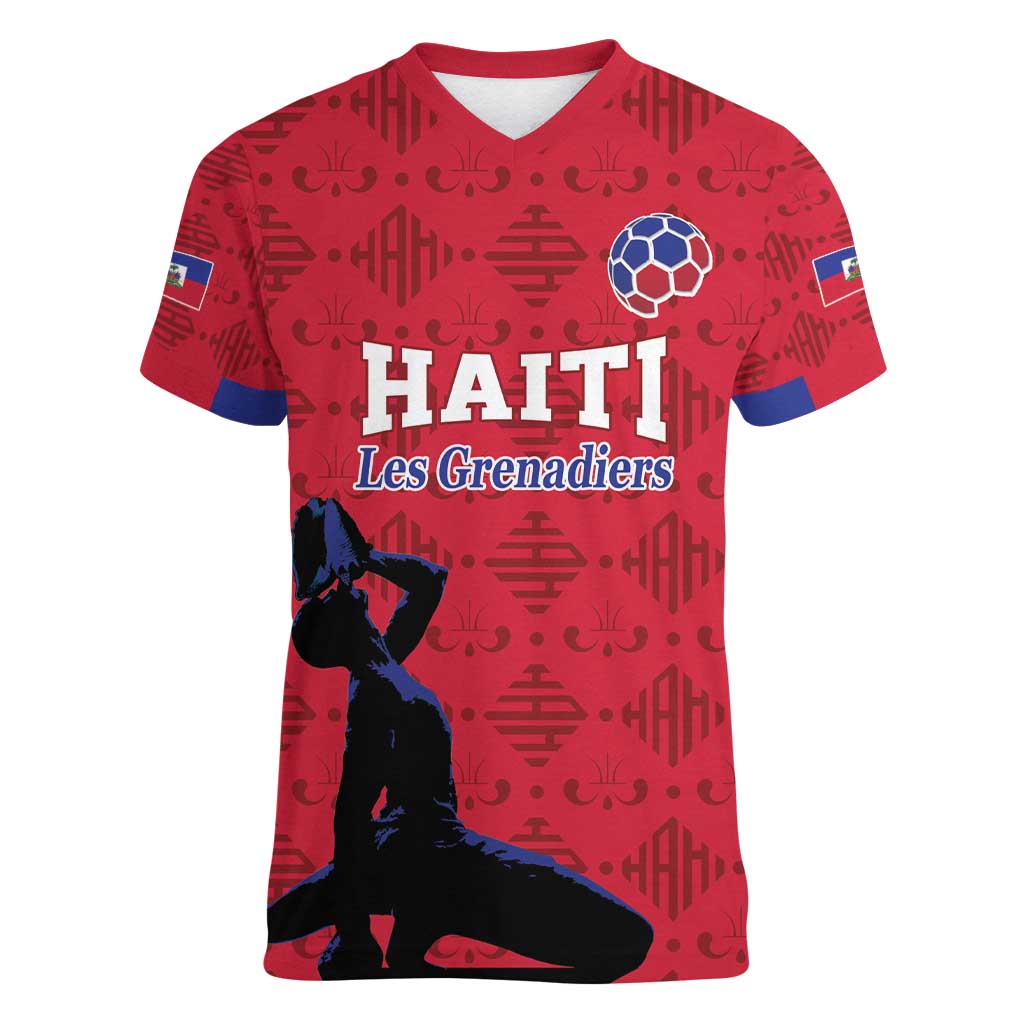 Custom Haiti Football Women V-Neck T-Shirt Come on Les Grenadiers Red Style