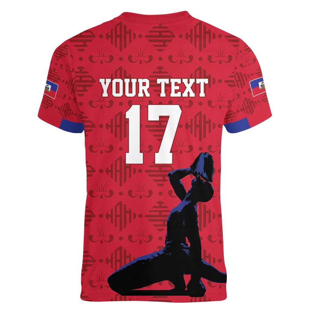 Custom Haiti Football Women V-Neck T-Shirt Come on Les Grenadiers Red Style