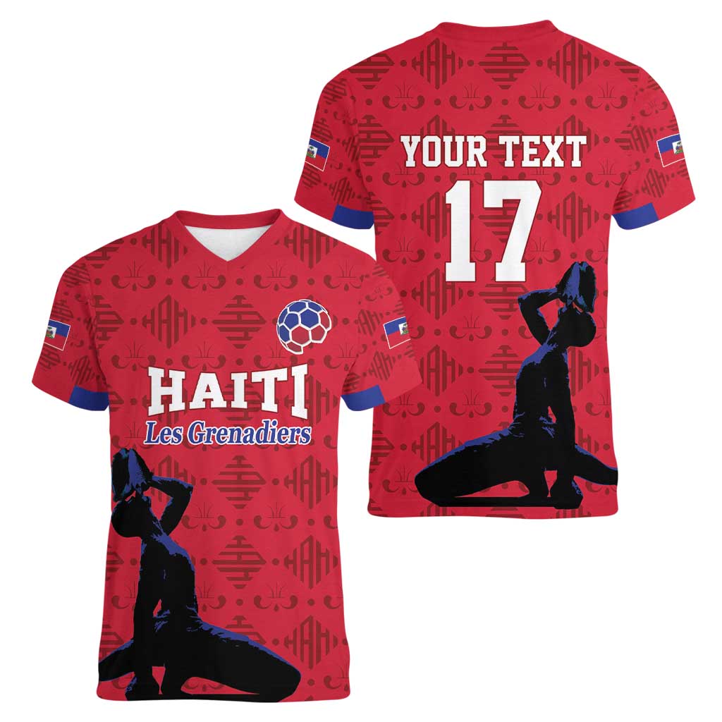 Custom Haiti Football Women V-Neck T-Shirt Come on Les Grenadiers Red Style