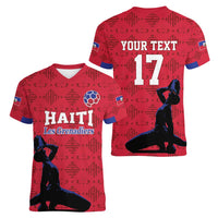 Custom Haiti Football Women V-Neck T-Shirt Come on Les Grenadiers Red Style