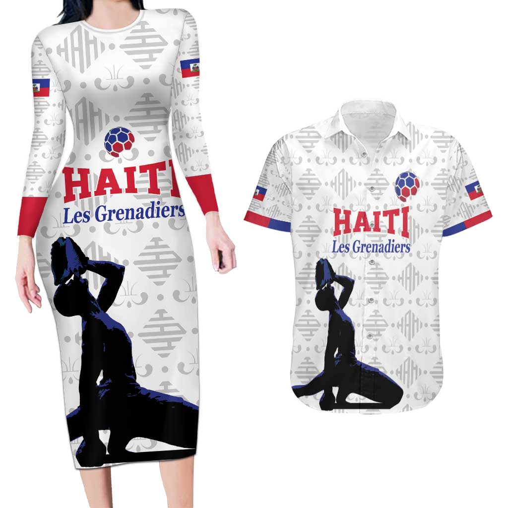 Custom Haiti Football Couples Matching Long Sleeve Bodycon Dress and Hawaiian Shirt Come on Les Grenadiers White Style