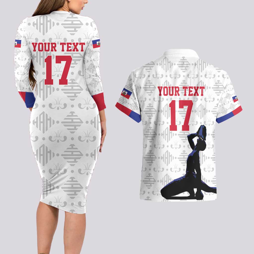 Custom Haiti Football Couples Matching Long Sleeve Bodycon Dress and Hawaiian Shirt Come on Les Grenadiers White Style