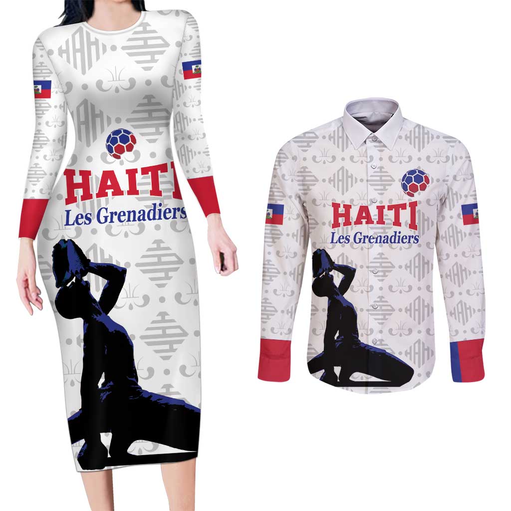Custom Haiti Football Couples Matching Long Sleeve Bodycon Dress and Long Sleeve Button Shirt Come on Les Grenadiers White Style