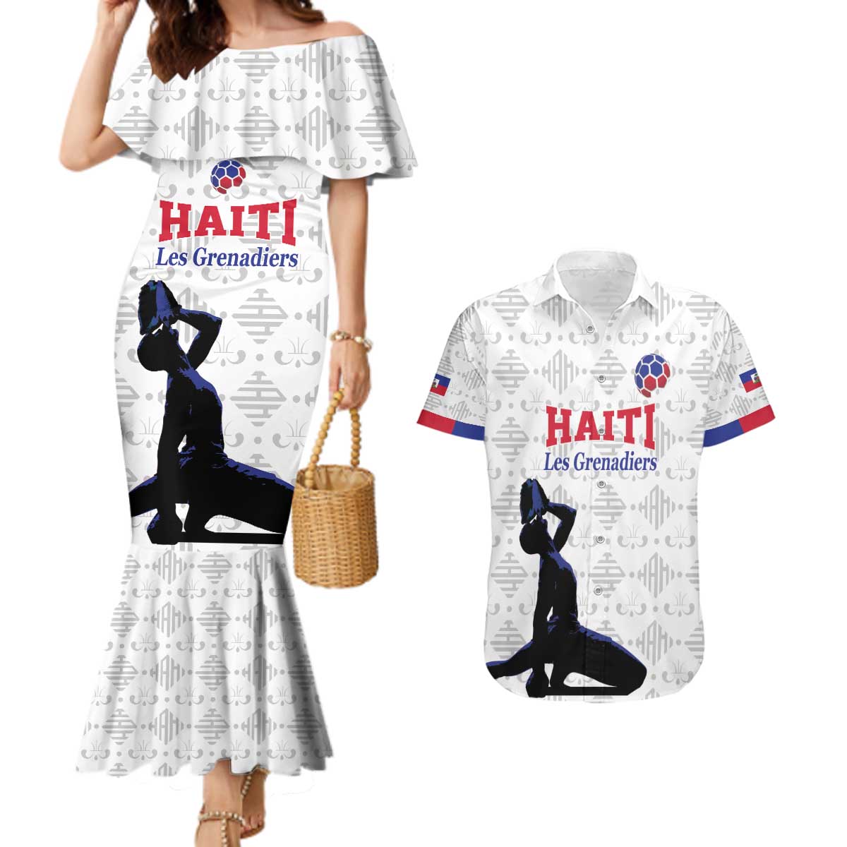Custom Haiti Football Couples Matching Mermaid Dress and Hawaiian Shirt Come on Les Grenadiers White Style