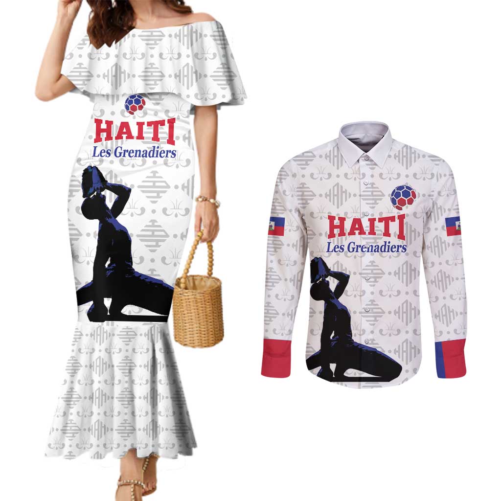 Custom Haiti Football Couples Matching Mermaid Dress and Long Sleeve Button Shirt Come on Les Grenadiers White Style