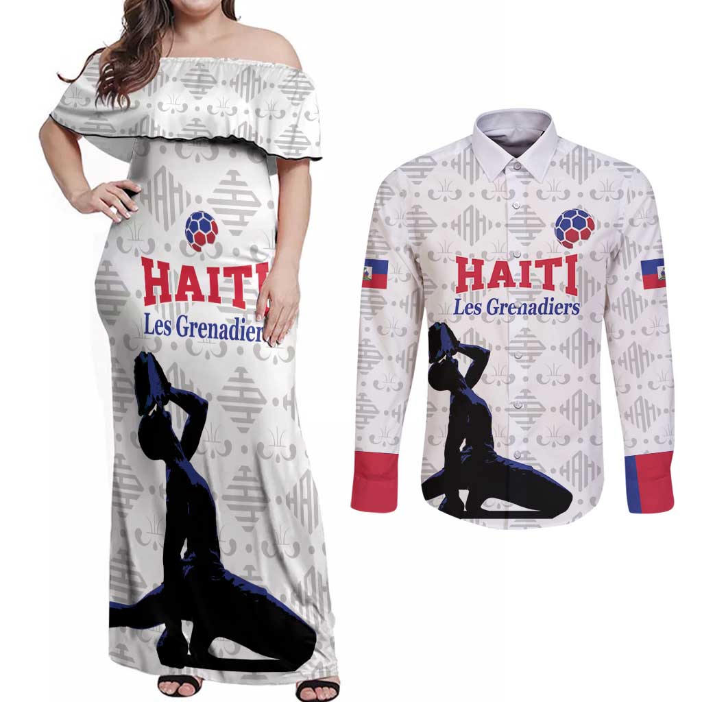 Custom Haiti Football Couples Matching Off Shoulder Maxi Dress and Long Sleeve Button Shirt Come on Les Grenadiers White Style
