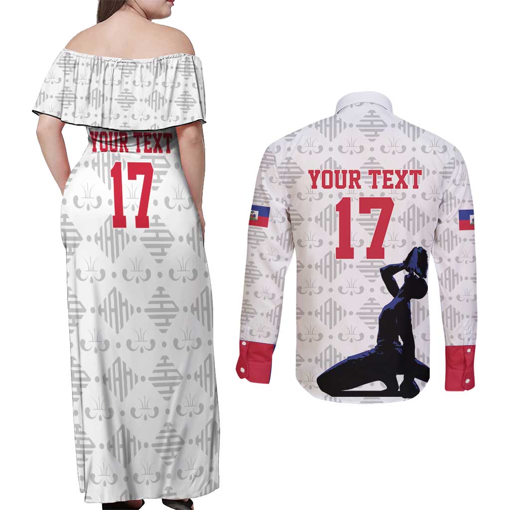 Custom Haiti Football Couples Matching Off Shoulder Maxi Dress and Long Sleeve Button Shirt Come on Les Grenadiers White Style