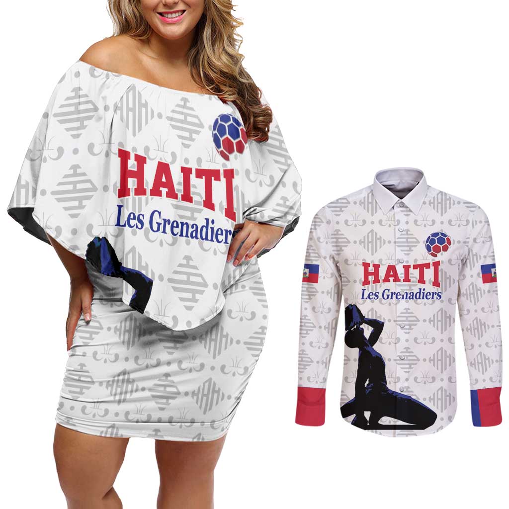 Custom Haiti Football Couples Matching Off Shoulder Short Dress and Long Sleeve Button Shirt Come on Les Grenadiers White Style