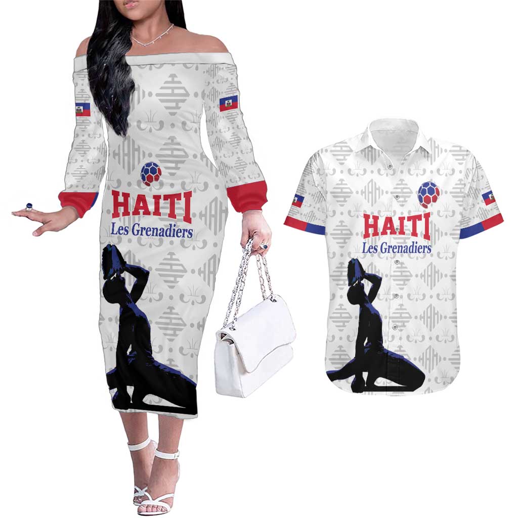 Custom Haiti Football Couples Matching Off The Shoulder Long Sleeve Dress and Hawaiian Shirt Come on Les Grenadiers White Style