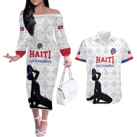 Custom Haiti Football Couples Matching Off The Shoulder Long Sleeve Dress and Hawaiian Shirt Come on Les Grenadiers White Style
