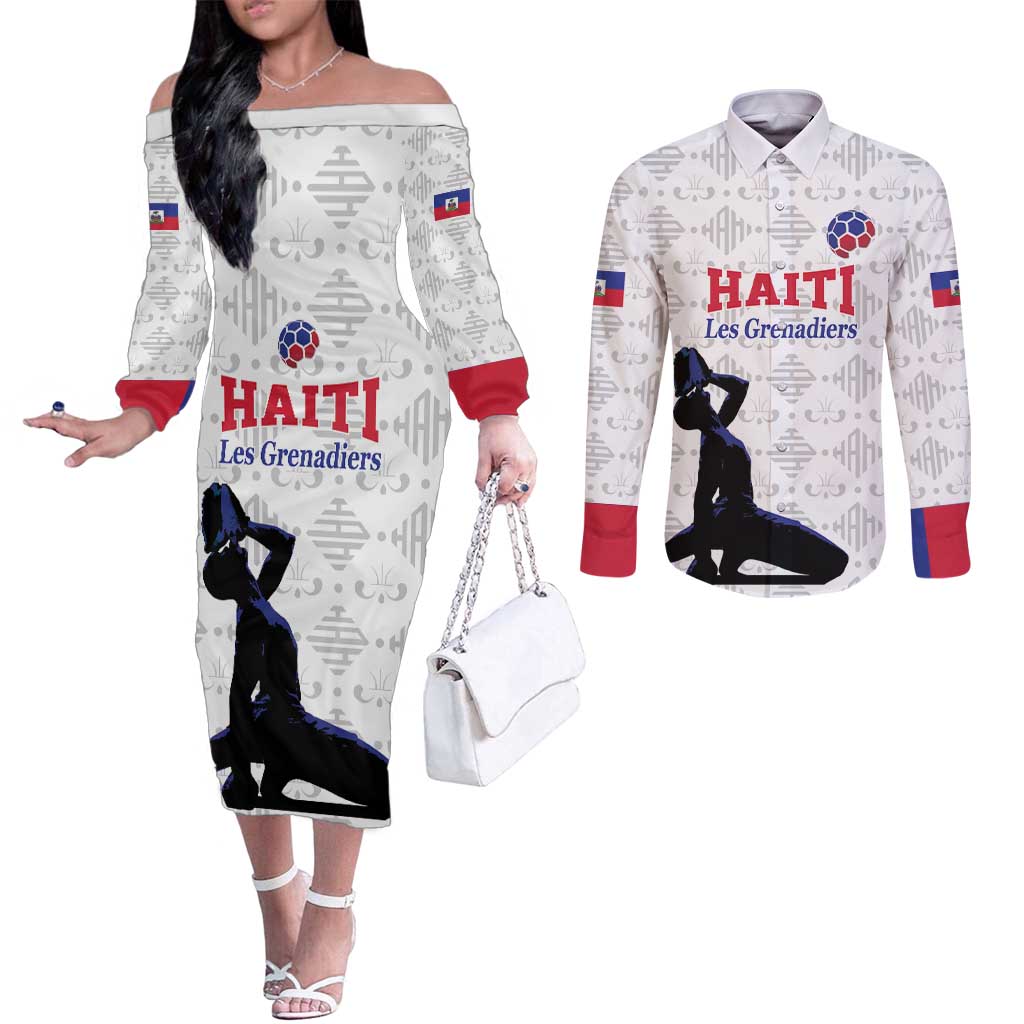 Custom Haiti Football Couples Matching Off The Shoulder Long Sleeve Dress and Long Sleeve Button Shirt Come on Les Grenadiers White Style