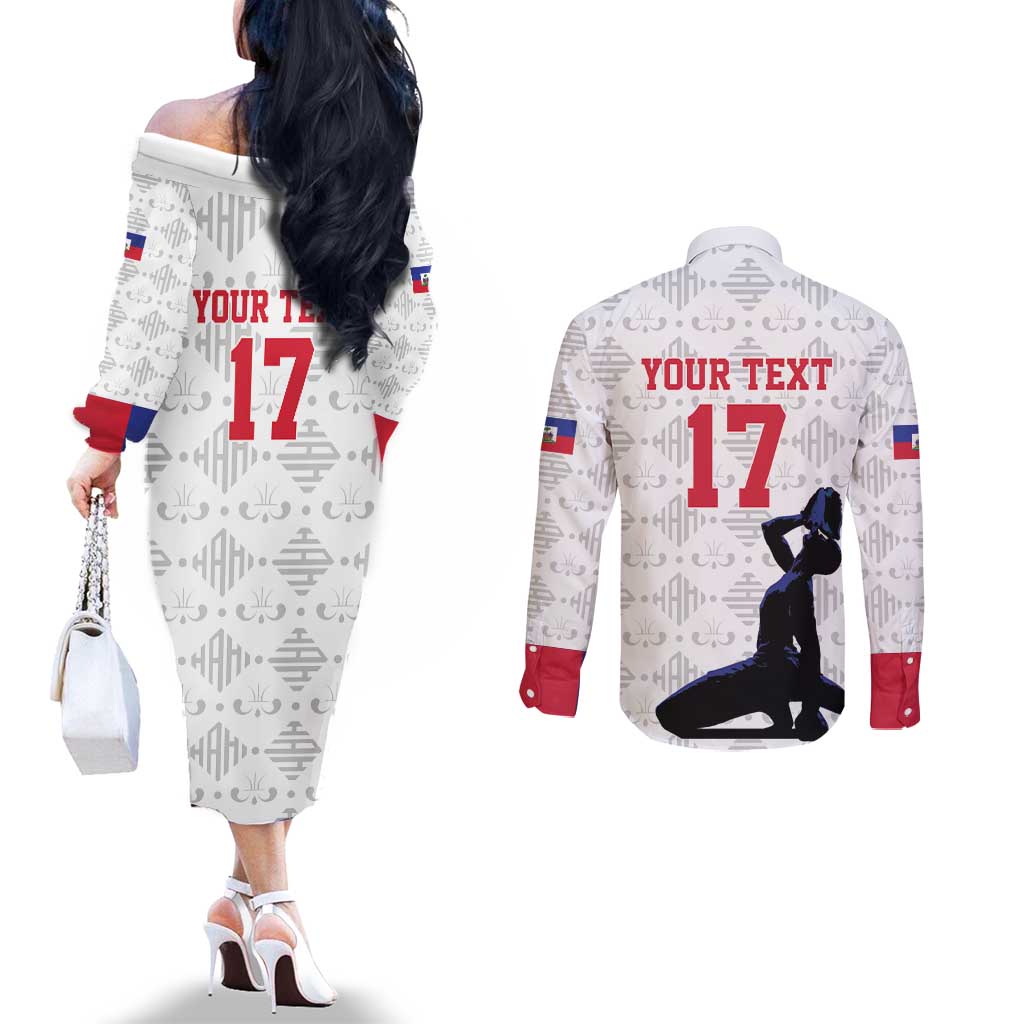Custom Haiti Football Couples Matching Off The Shoulder Long Sleeve Dress and Long Sleeve Button Shirt Come on Les Grenadiers White Style