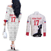 Custom Haiti Football Couples Matching Off The Shoulder Long Sleeve Dress and Long Sleeve Button Shirt Come on Les Grenadiers White Style